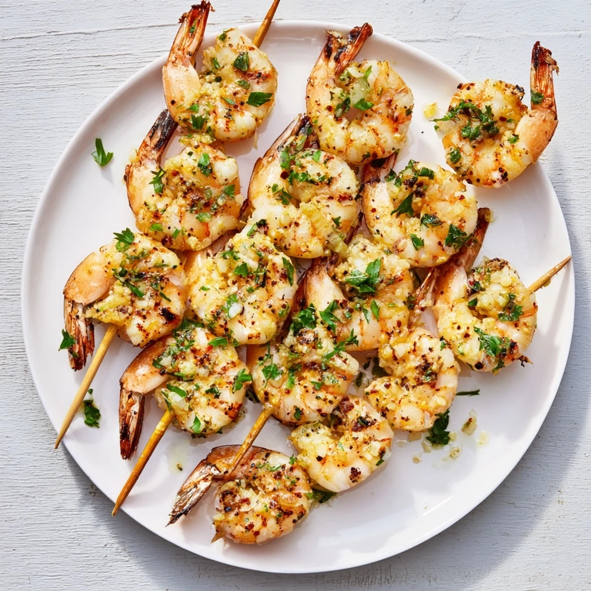 Savory Lemon Garlic Shrimp Skewers with Parsley on a platter with lemon wedges and a drizzle of olive oil.