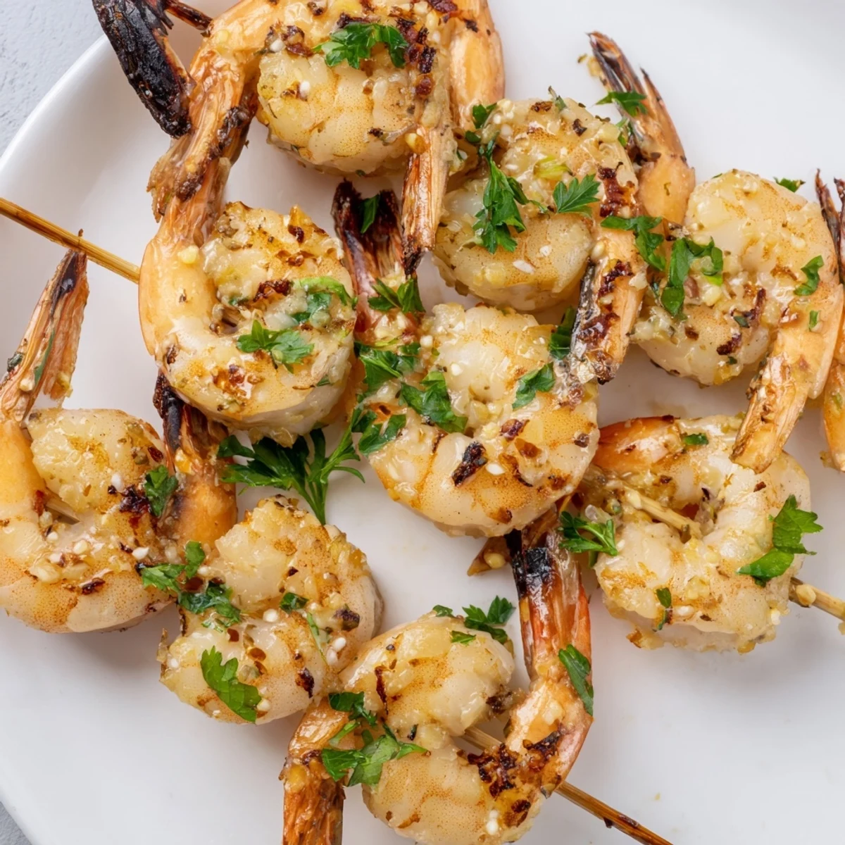 Tender Lemon Garlic Shrimp Skewers with Parsley sizzling on the grill, releasing aromatic garlic and citrus steam.