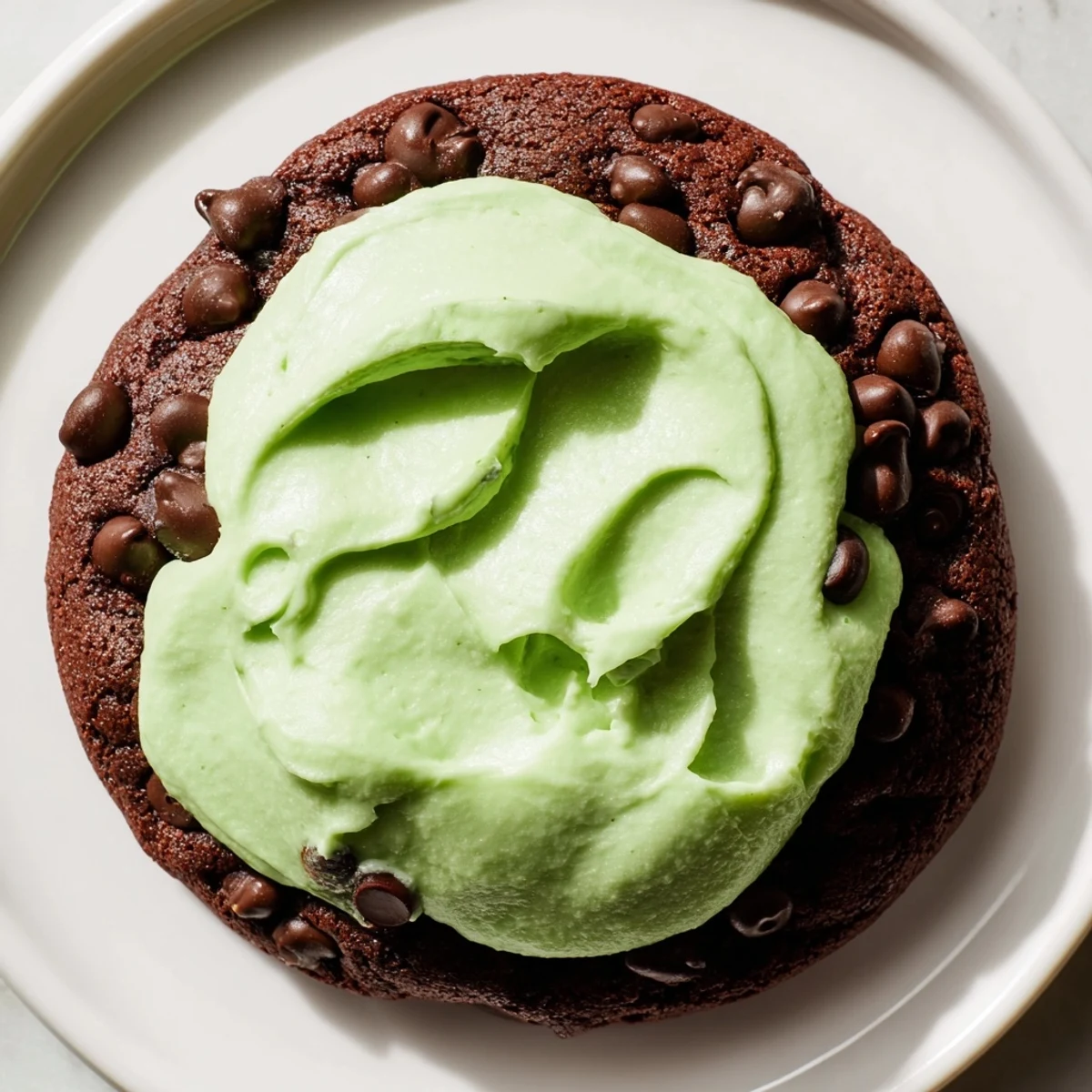 Frosted Chocolate Mint Cookies are displayed on a wire rack with a creamy green topping and mint leaves beside a glass of milk.