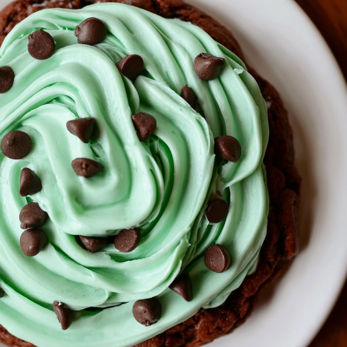 Freshly baked Chocolate Mint Cookies with smooth green frosting sit on a plate, ready to serve with a warm mug of hot cocoa.