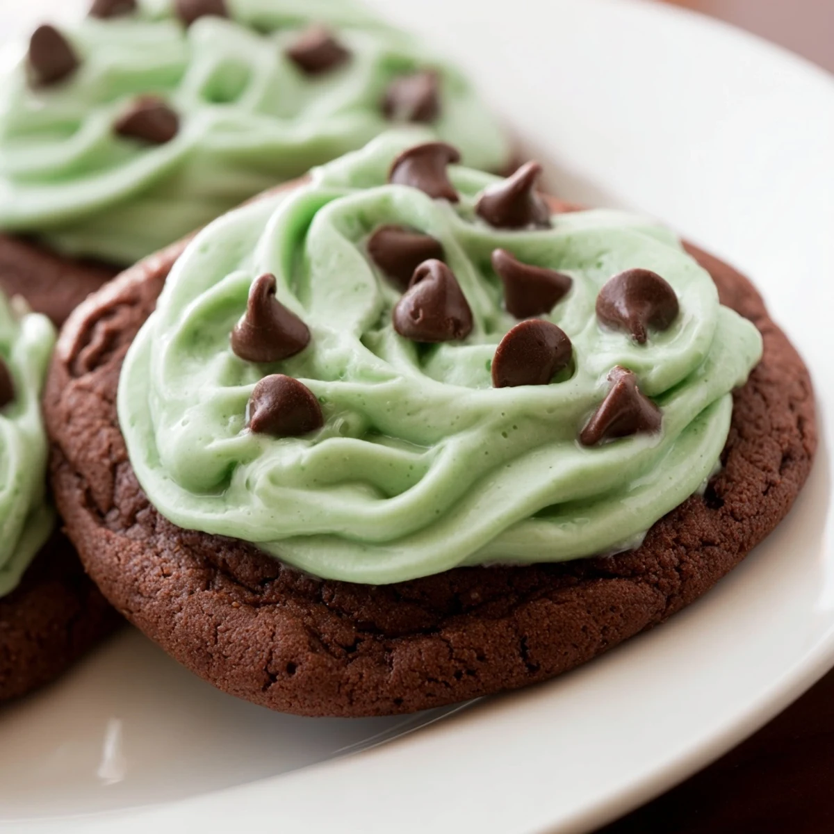 Close-up of Chocolate Mint Cookies revealing rich chocolate dough texture and vibrant mint-green frosting, ideal for a festive dessert tray.