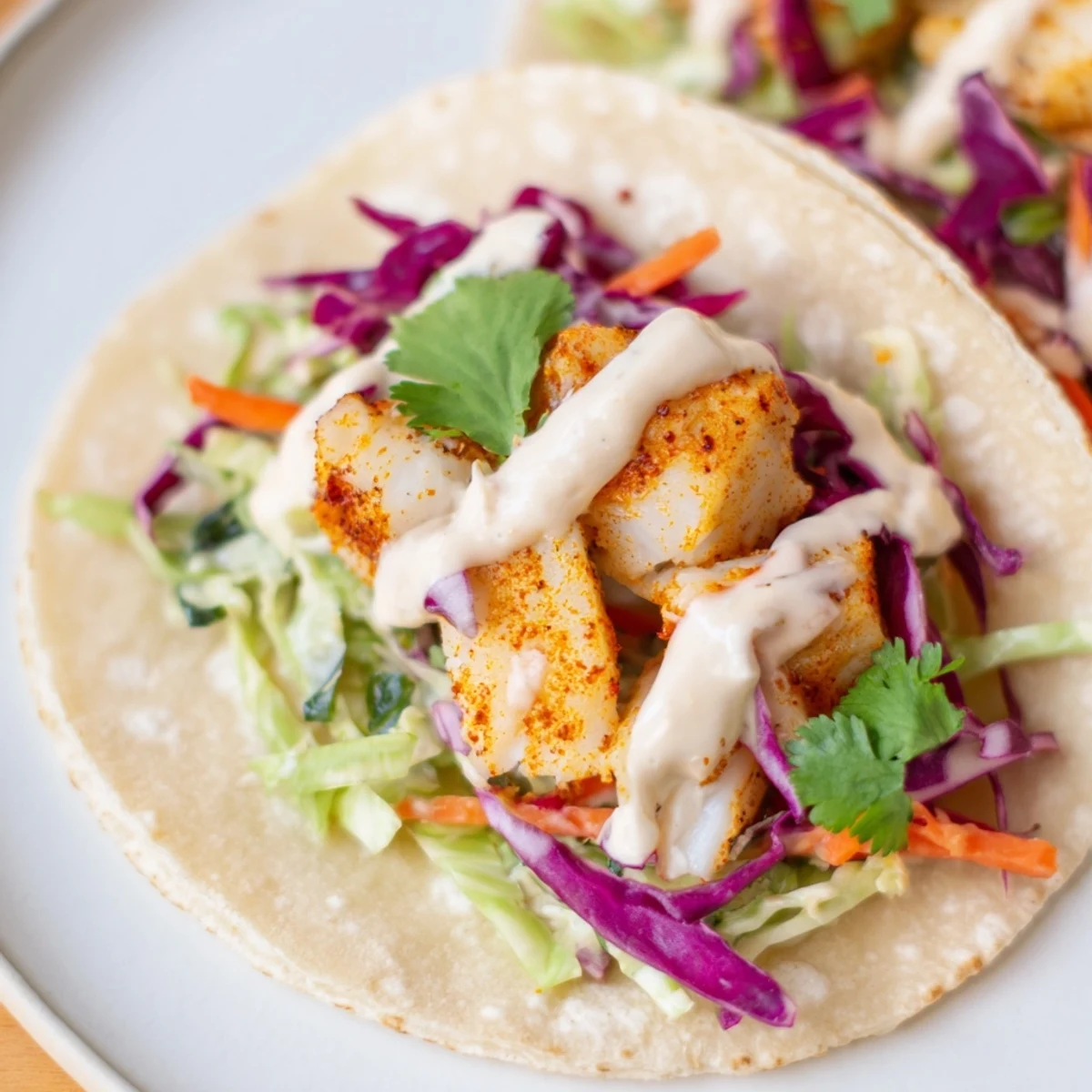 Warm flour tortillas hold flaky Cajun spiced fish topped with creamy cabbage slaw and cilantro.