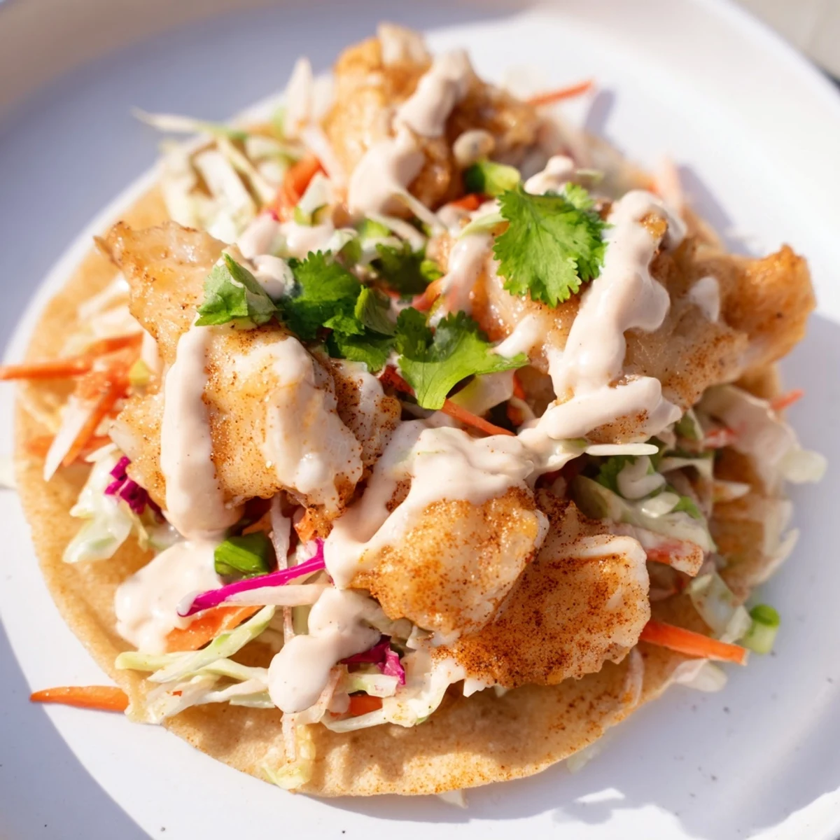 Plated Cajun Spiced Fish Tacos with crunchy slaw, cilantro, and a vibrant, appetizing presentation.
