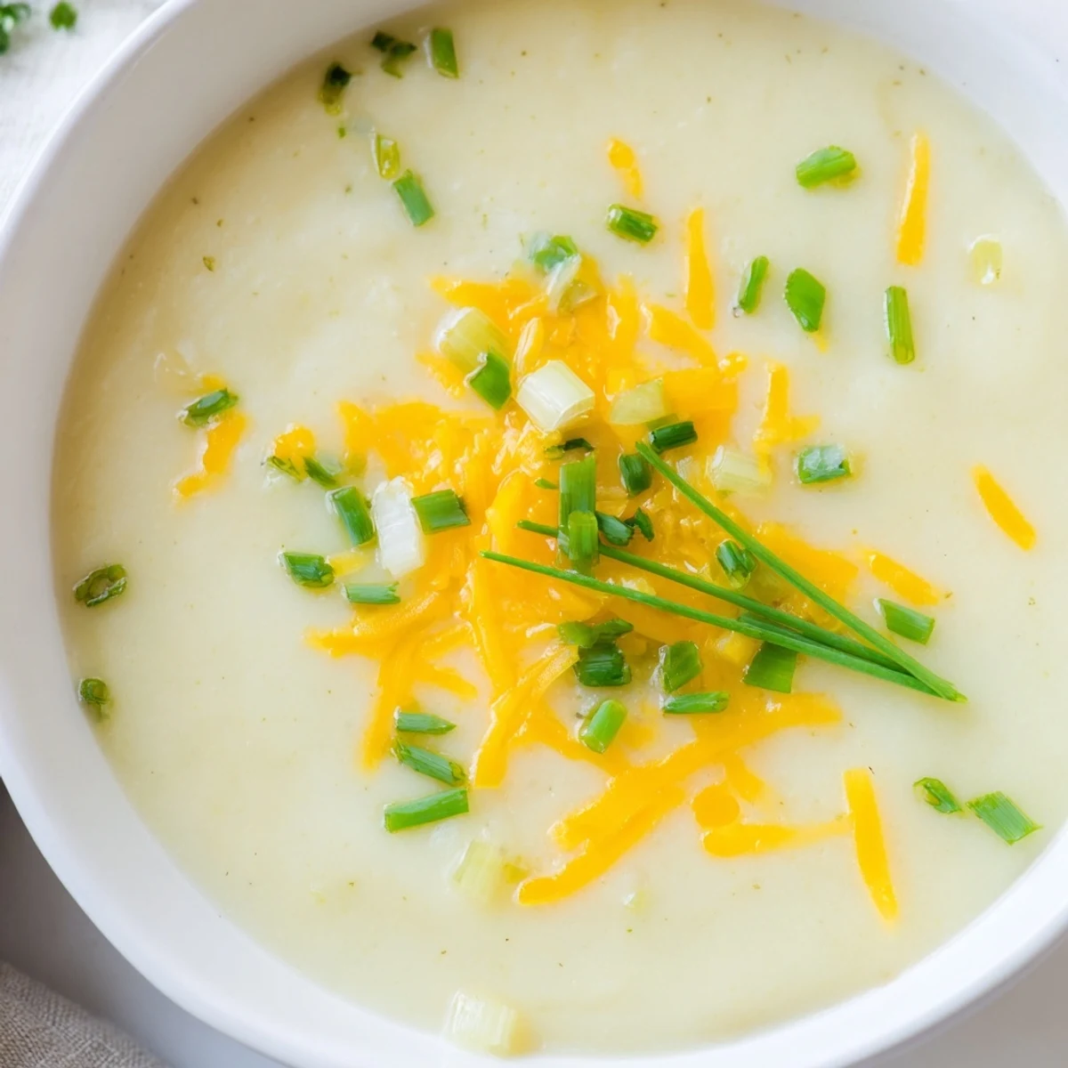 A comforting bowl of Irish Potato Leek Soup with Sharp Cheddar, melted cheese visible in the rich, velvety texture.