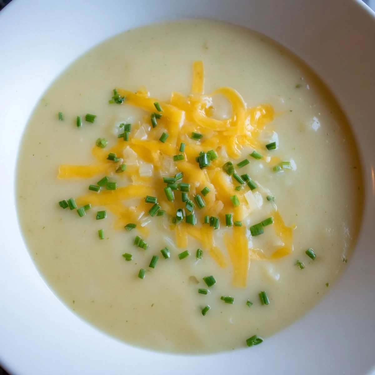 Hot Irish Potato Leek Soup with Sharp Cheddar in a white bowl, garnished with fresh chives and a drizzle of cream.