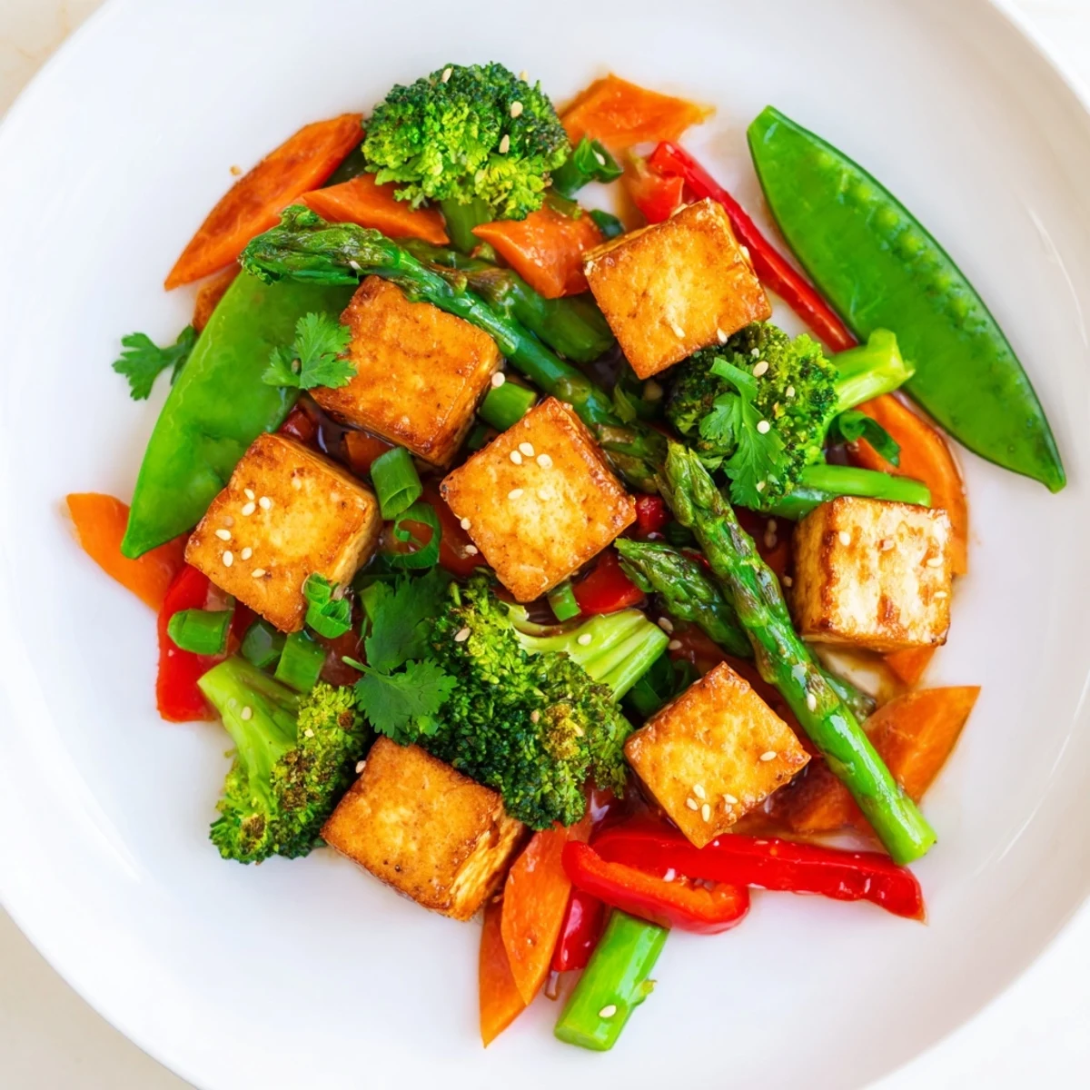 Crispy golden tofu and vibrant spring vegetables tossed in a savory sauce in Spring Vegetable Stir Fry with Tofu.