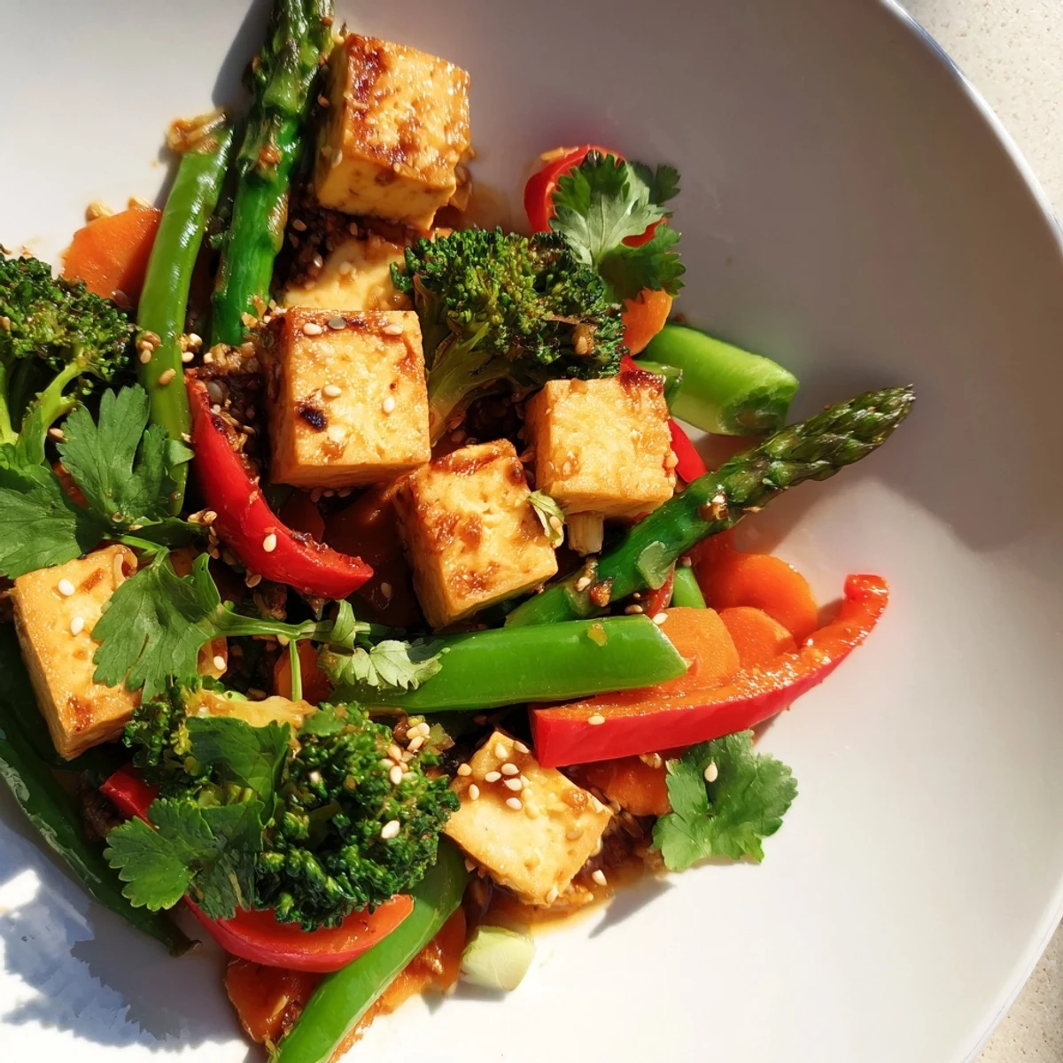 Freshly stir-fried Spring Vegetable Stir Fry with Tofu served steaming hot in a white bowl next to chopsticks.