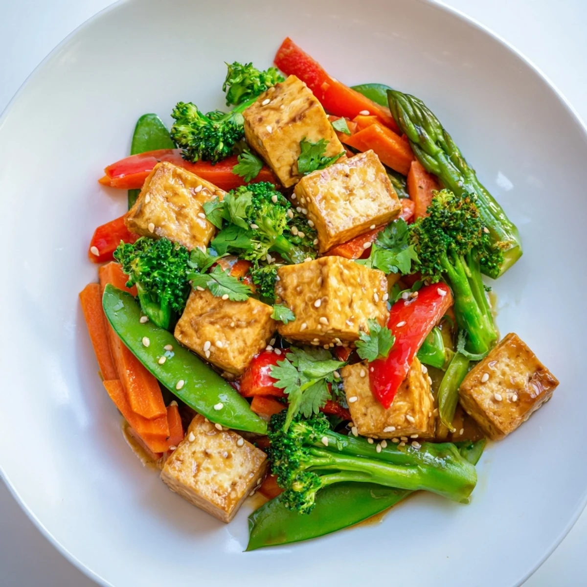 Close-up of Spring Vegetable Stir Fry with Tofu showing crunchy snap peas and glossy red bell pepper pieces.