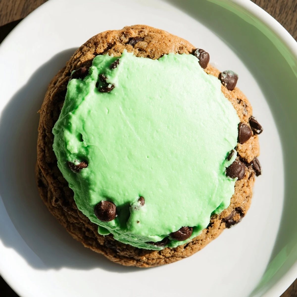A close-up view of chocolate mint cookies with vibrant green frosting and a sprinkle of crushed mint candy for a festive holiday treat.