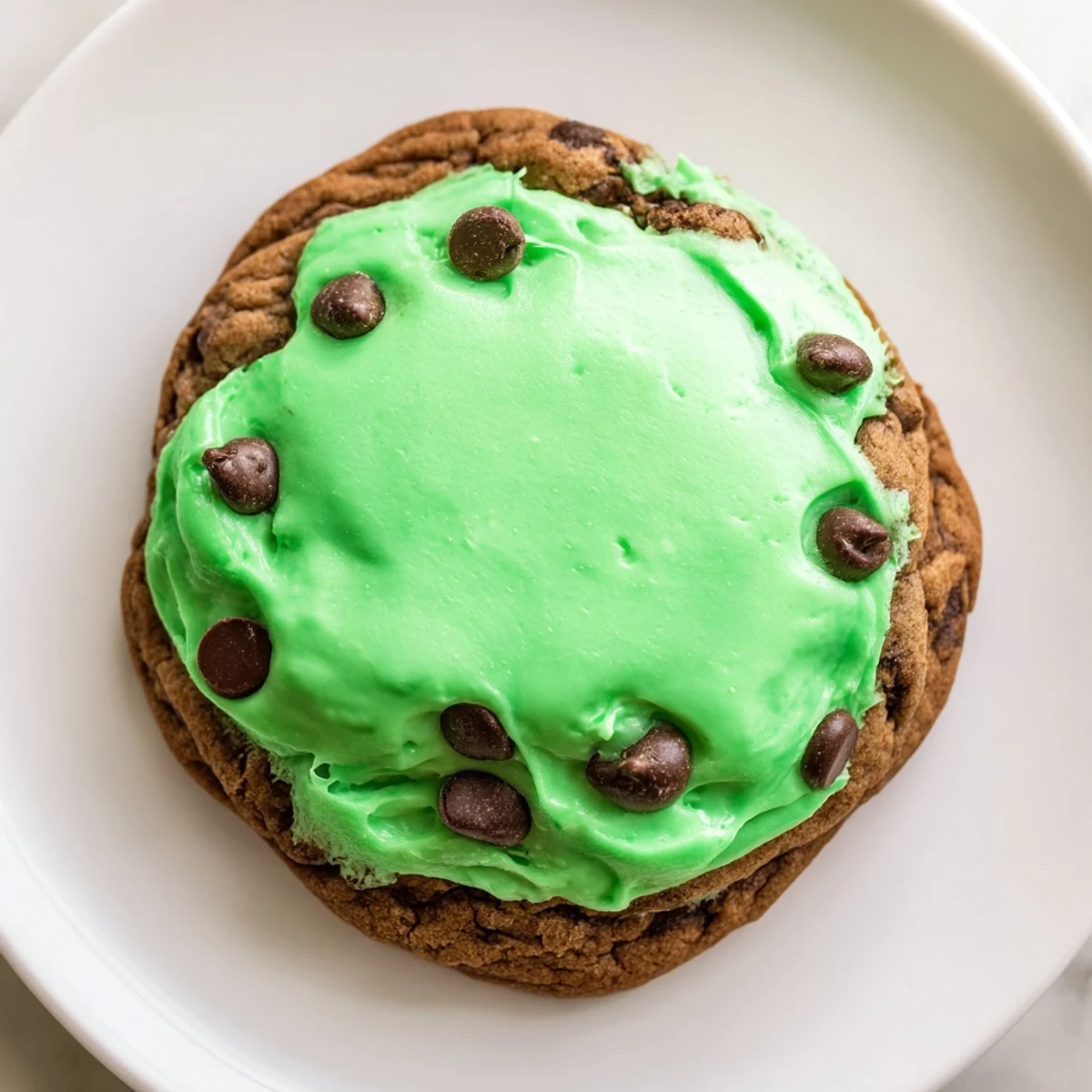 A stack of freshly baked chocolate mint cookies topped with creamy green frosting, perfect for holiday parties and dessert platters.