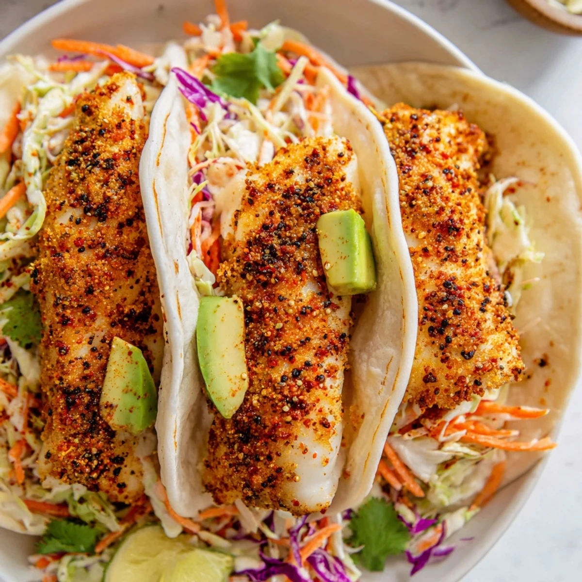 Golden-brown Cajun Spiced Fish Tacos with Cabbage Slaw piled high on a plate, garnished with fresh cilantro and lime wedges.