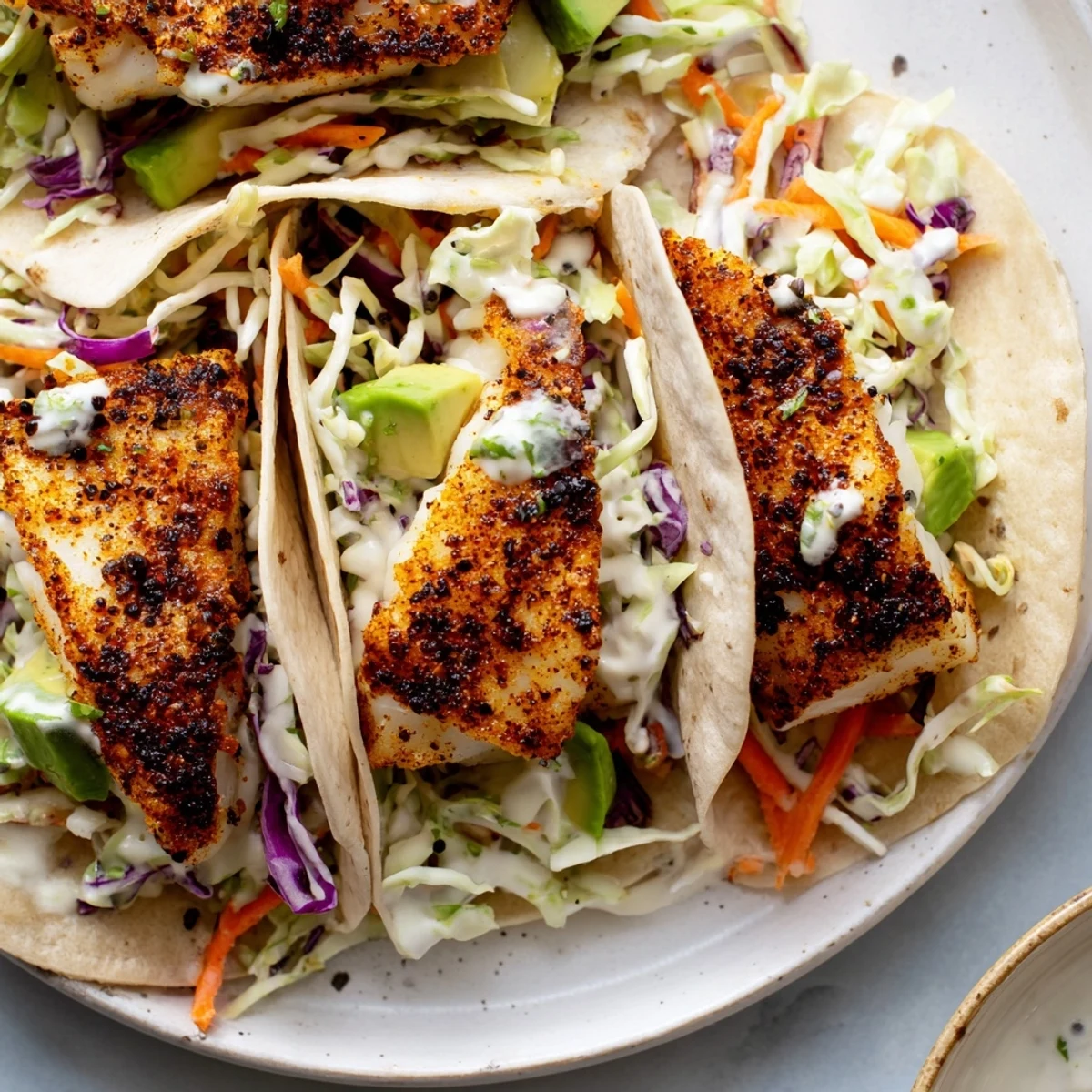 Cajun Spiced Fish Tacos with Cabbage Slaw resting on a rustic wooden table, featuring flaky fish and colorful slaw.