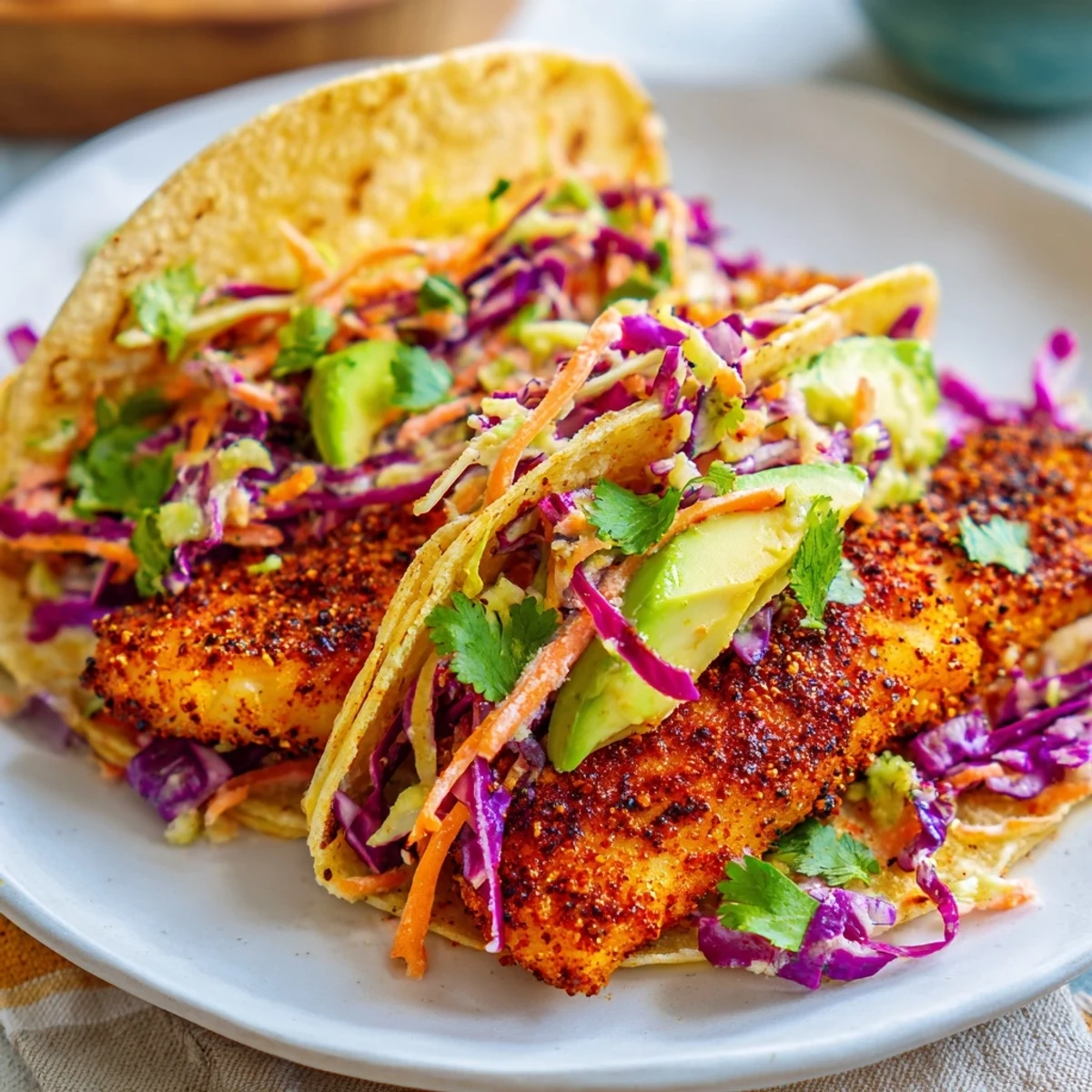 A close-up of Cajun Spiced Fish Tacos with Cabbage Slaw, highlighting the warm tortillas and tangy creamy slaw.