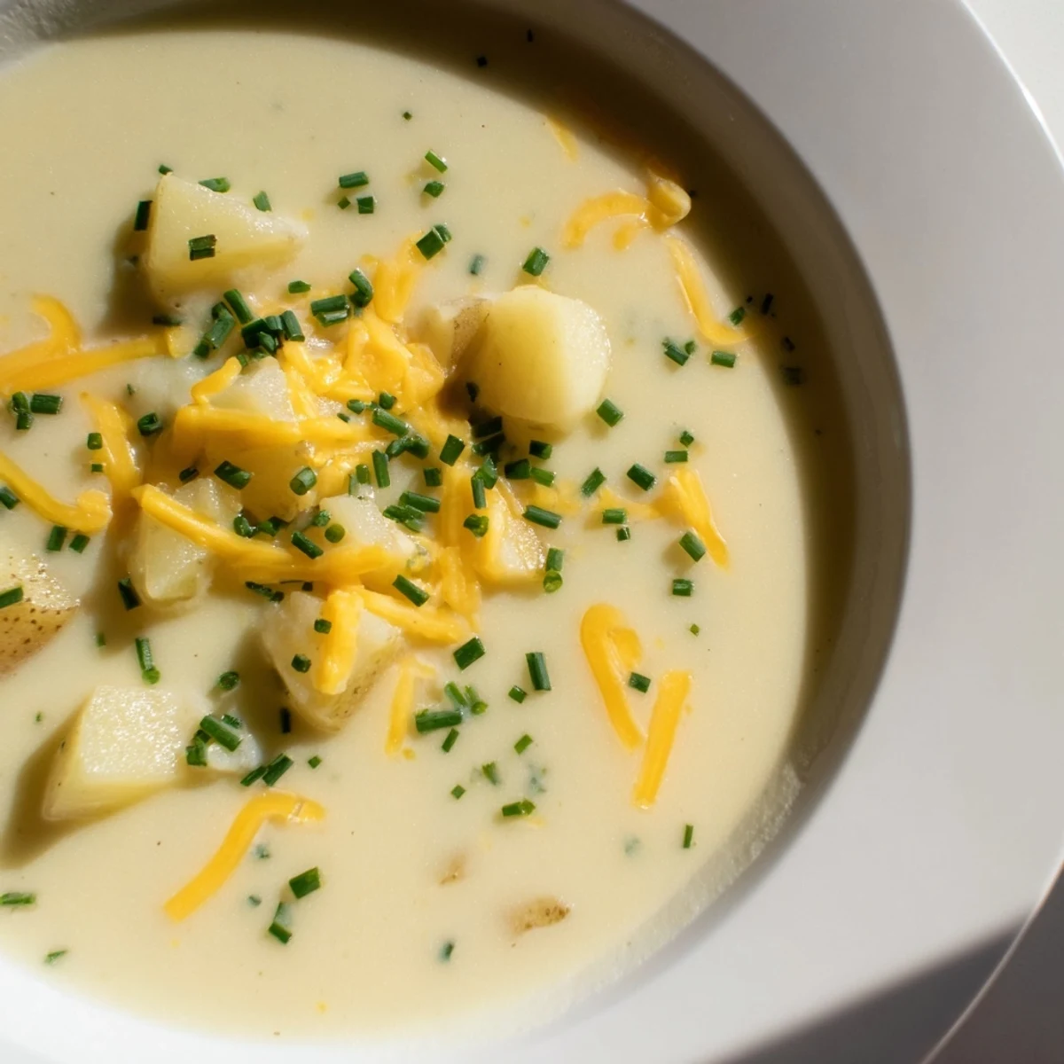 A warm bowl of Irish Potato Leek Soup with Sharp Cheddar, topped with fresh chives and extra cheese.