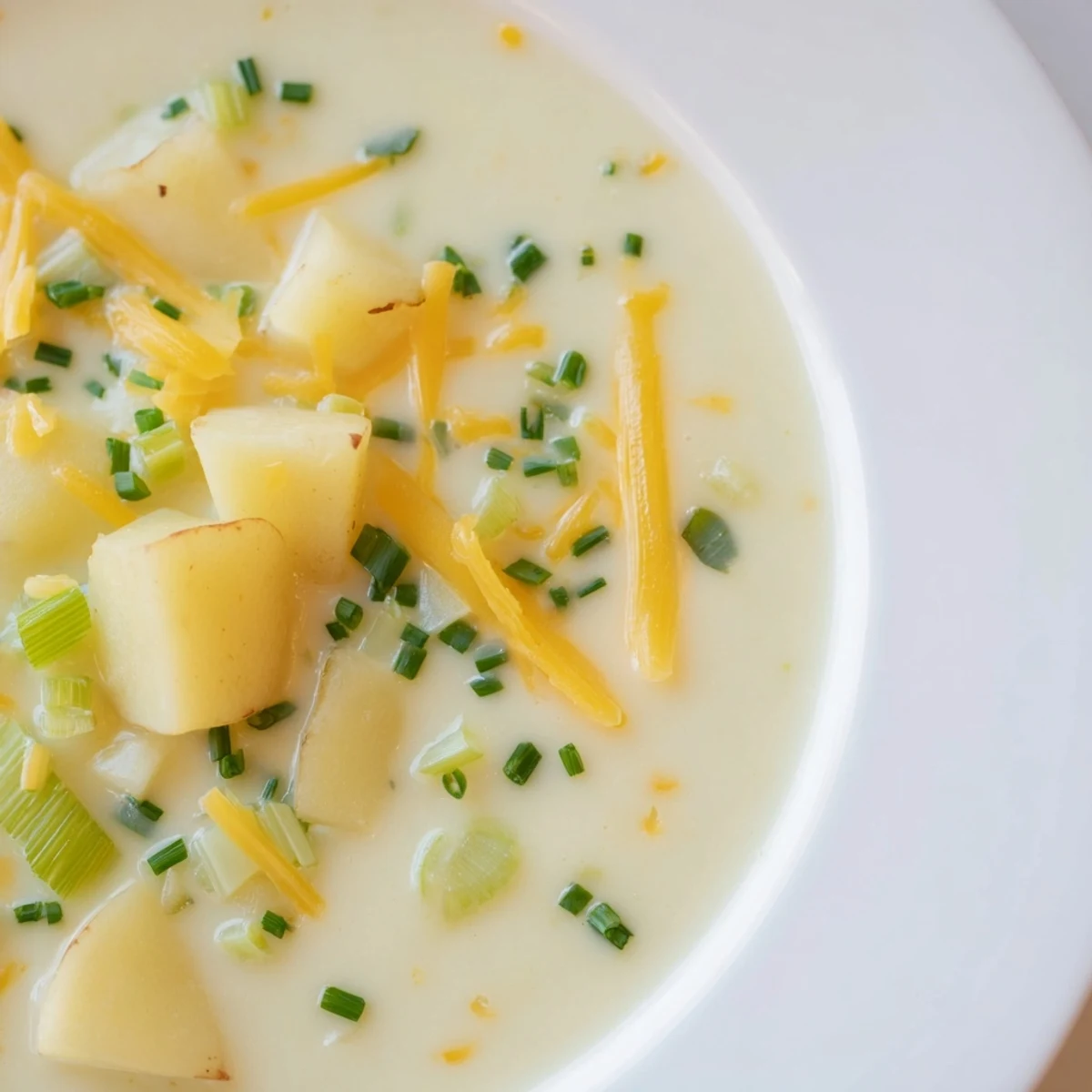 This creamy Irish Potato Leek Soup with Sharp Cheddar is served steaming hot in a rustic bowl.