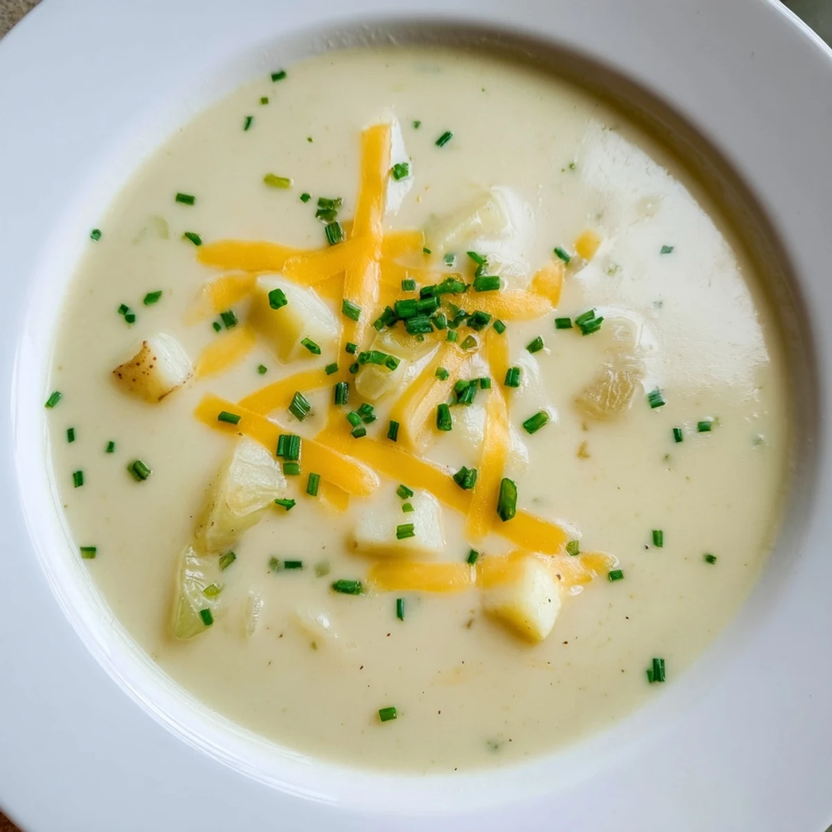 A spoon dips into rich Irish Potato Leek Soup with Sharp Cheddar, revealing a velvety, smooth texture.