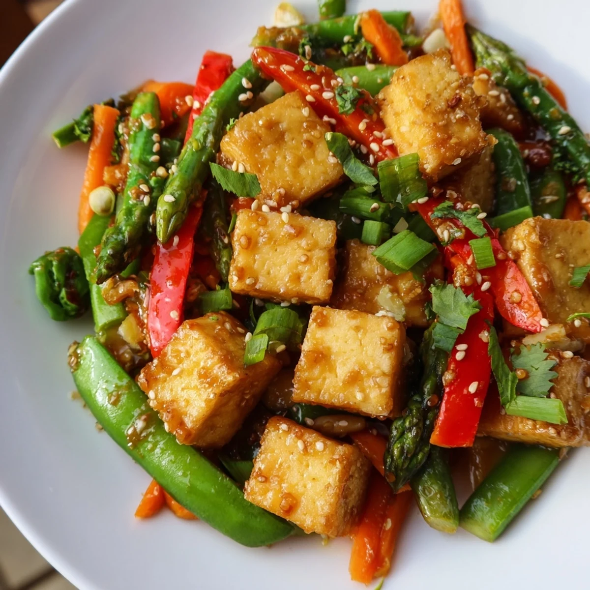 Spring Vegetable Stir Fry with Tofu shows vibrant red bell pepper and tender-crisp asparagus tossed with sesame seeds over steamed rice.