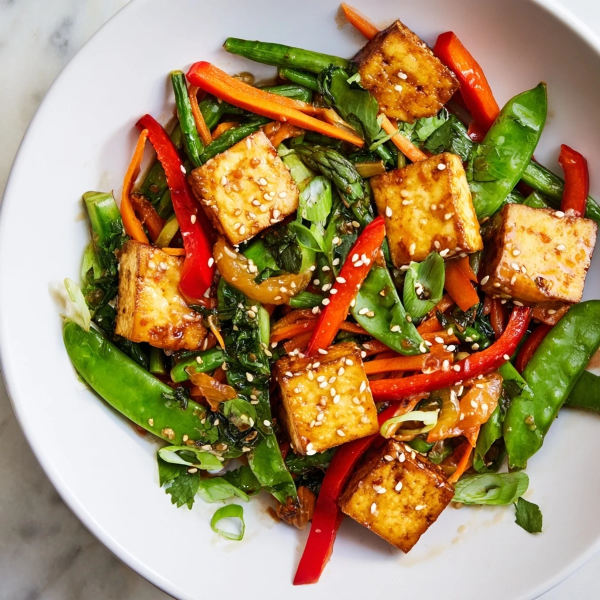 Golden tofu cubes and crisp sugar snap peas in Spring Vegetable Stir Fry with Tofu, sizzling in a light, garlicky sauce.
