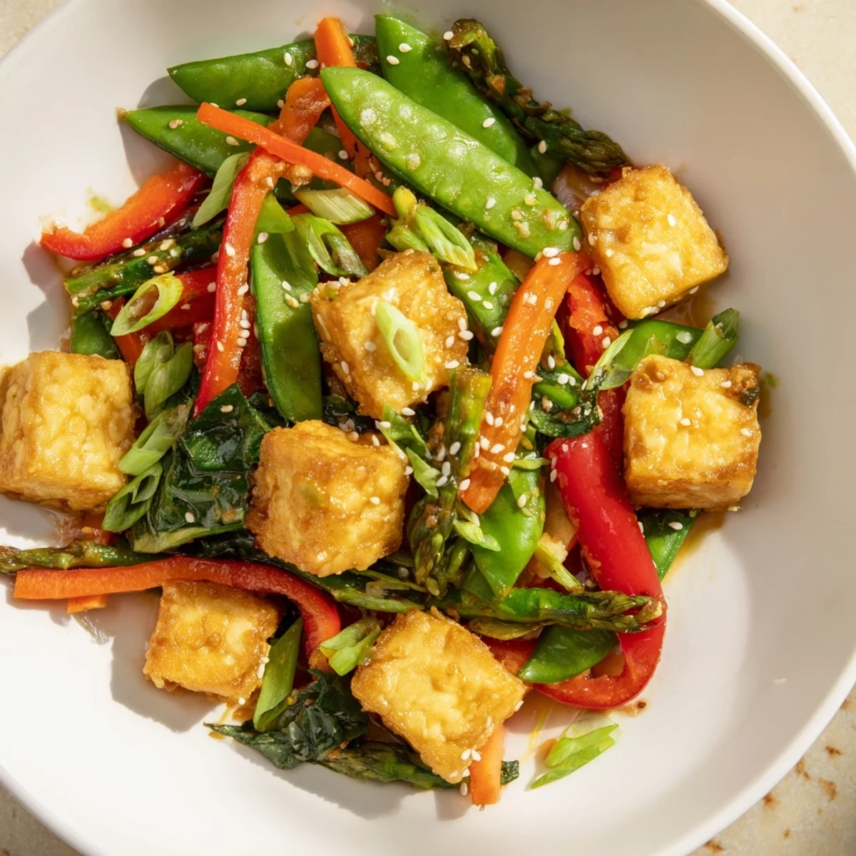 Fresh Spring Vegetable Stir Fry with Tofu features golden tofu, spinach, and carrots in a glossy ginger soy sauce, ready to serve.
