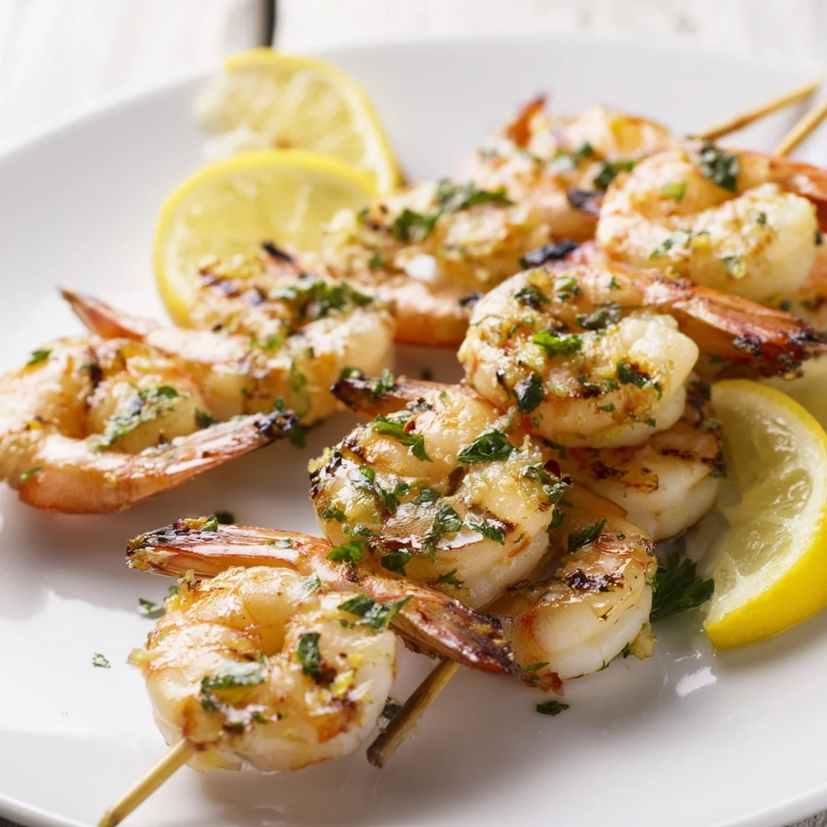 Grilled Lemon Garlic Shrimp Skewers with Parsley displayed on a white platter, glistening with olive oil and fresh herbs.