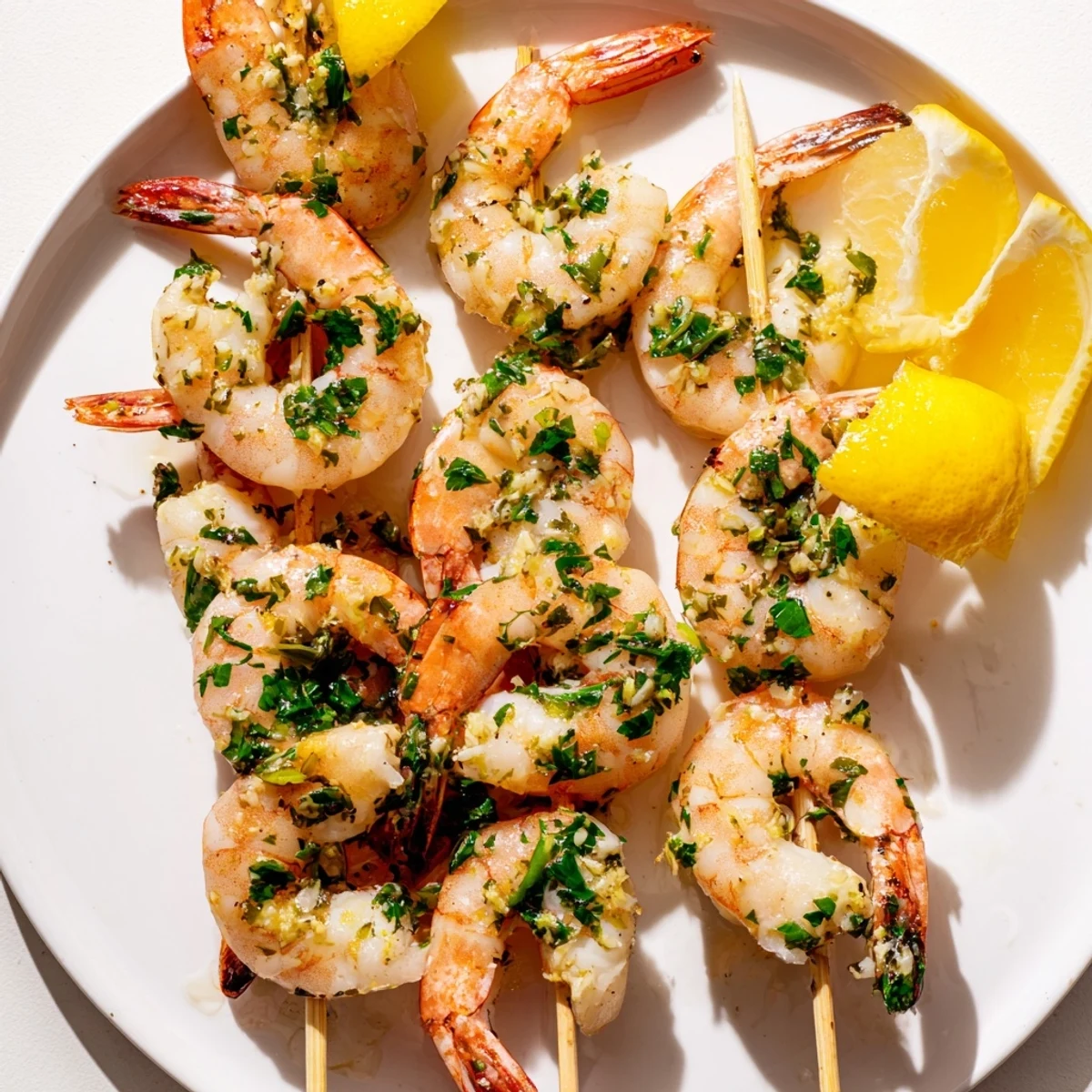 A close-up of Lemon Garlic Shrimp Skewers with Parsley, revealing pink, charred shrimp and vibrant green parsley garnish.