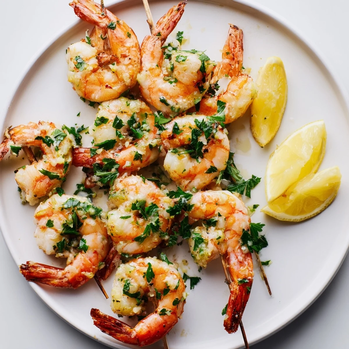 Serving suggestion for Lemon Garlic Shrimp Skewers with Parsley on a bed of rice with lemon wedges on the side.