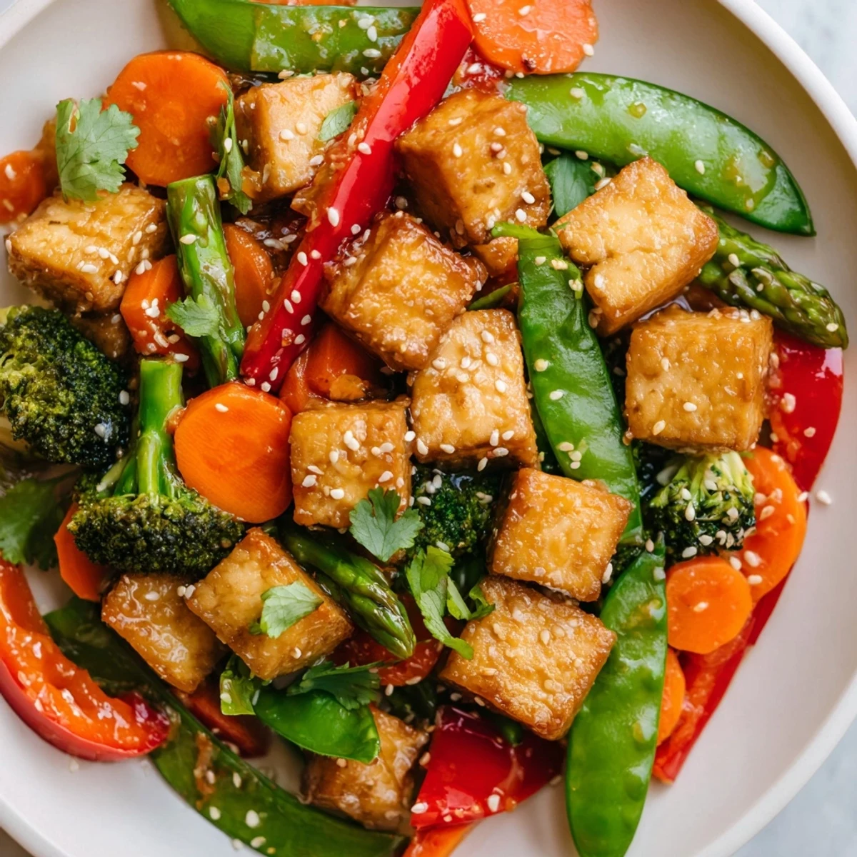 In a wok, bright red bell pepper and tender broccoli florets mix with tofu for a healthy Spring Vegetable Stir Fry garnish.