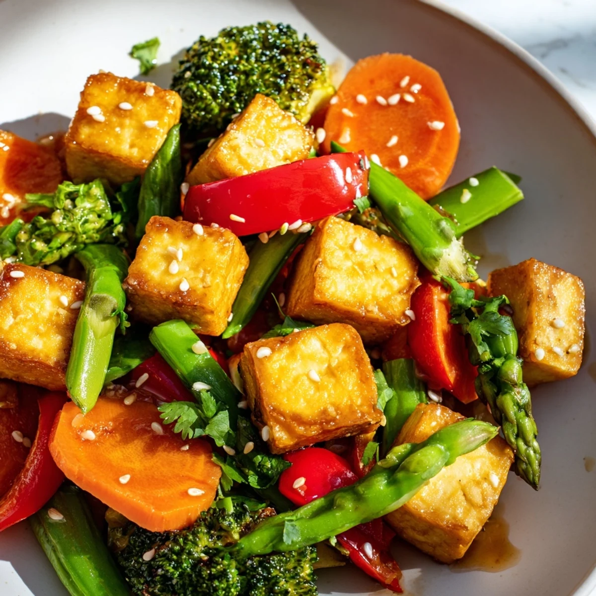 Golden pan-seared tofu cubes and crisp spring vegetables like asparagus and snap peas glisten with a light sauce in this Spring Vegetable Stir Fry.
