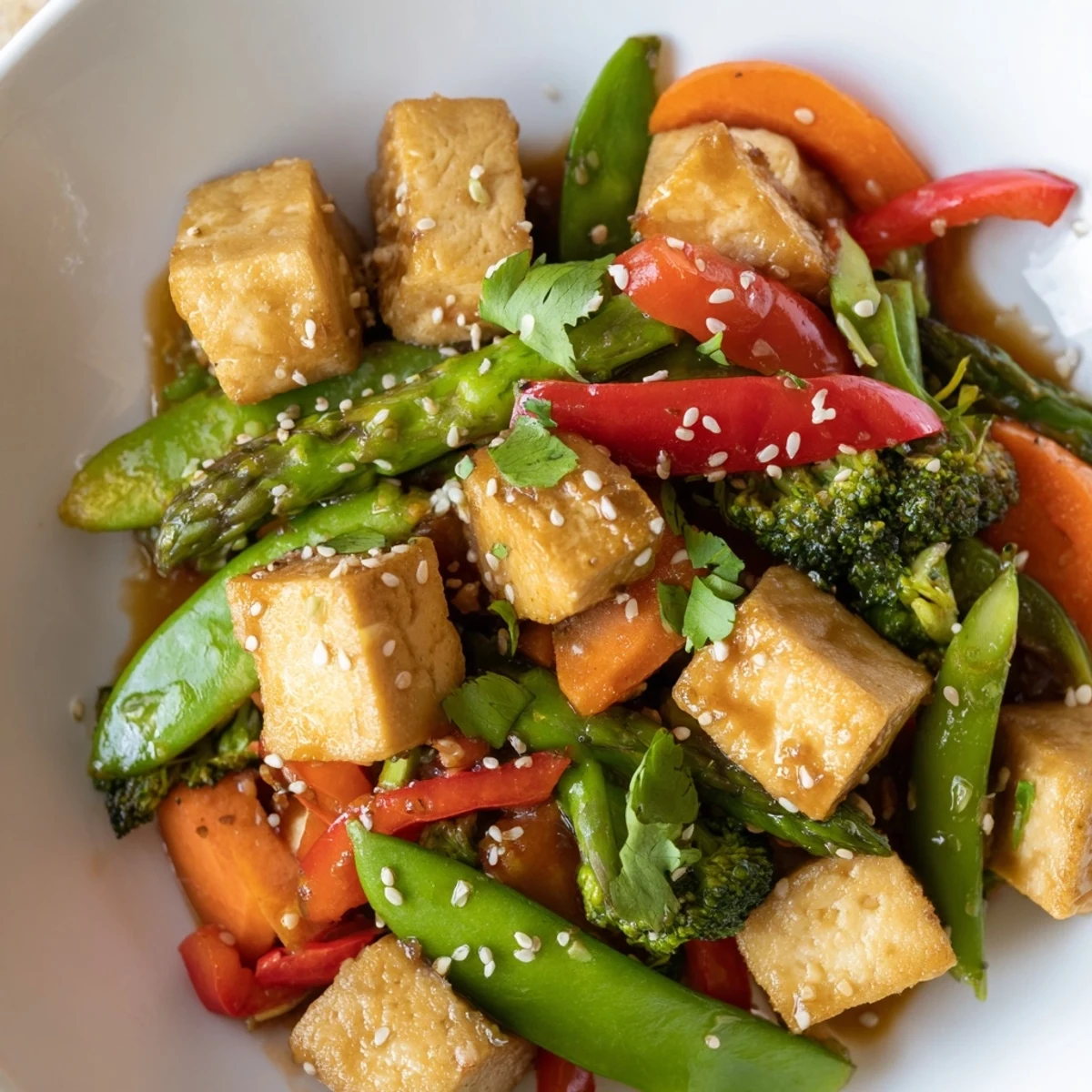 Served over steamed rice, this Spring Vegetable Stir Fry features golden tofu and vibrant vegetables tossed in a savory sesame sauce.