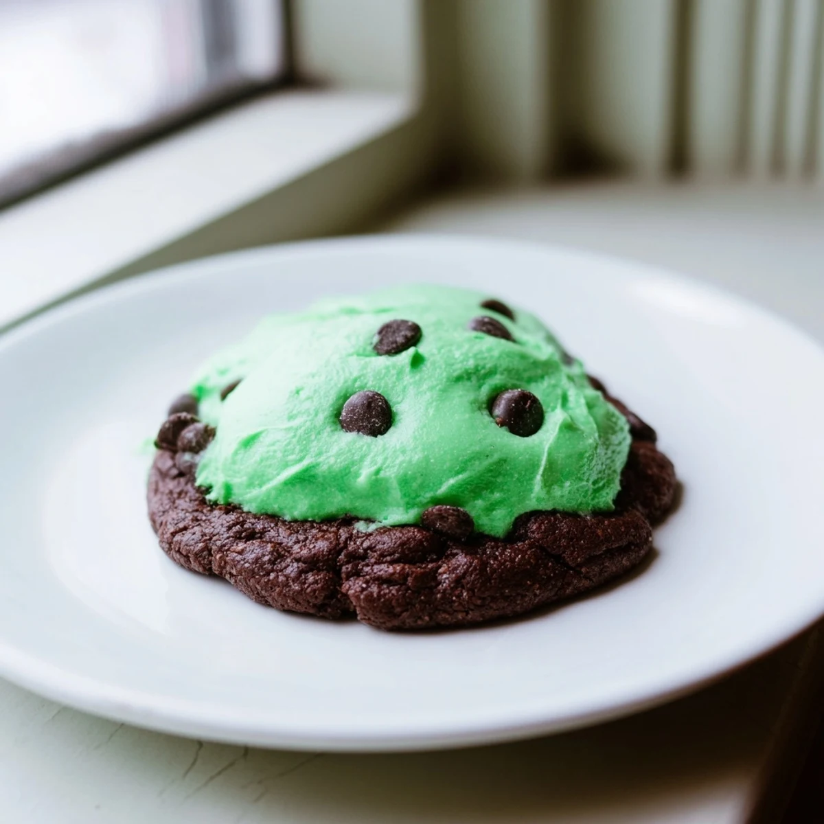 A close-up of Chocolate Mint Cookies with Green Frosting, showing fudgy centers and glossy green icing.