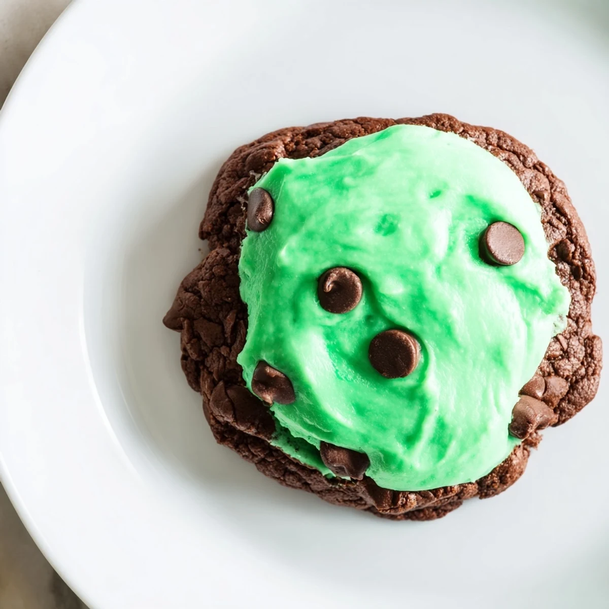 Baker frosting Chocolate Mint Cookies with Green Frosting using a small spatula for a festive dessert platter.