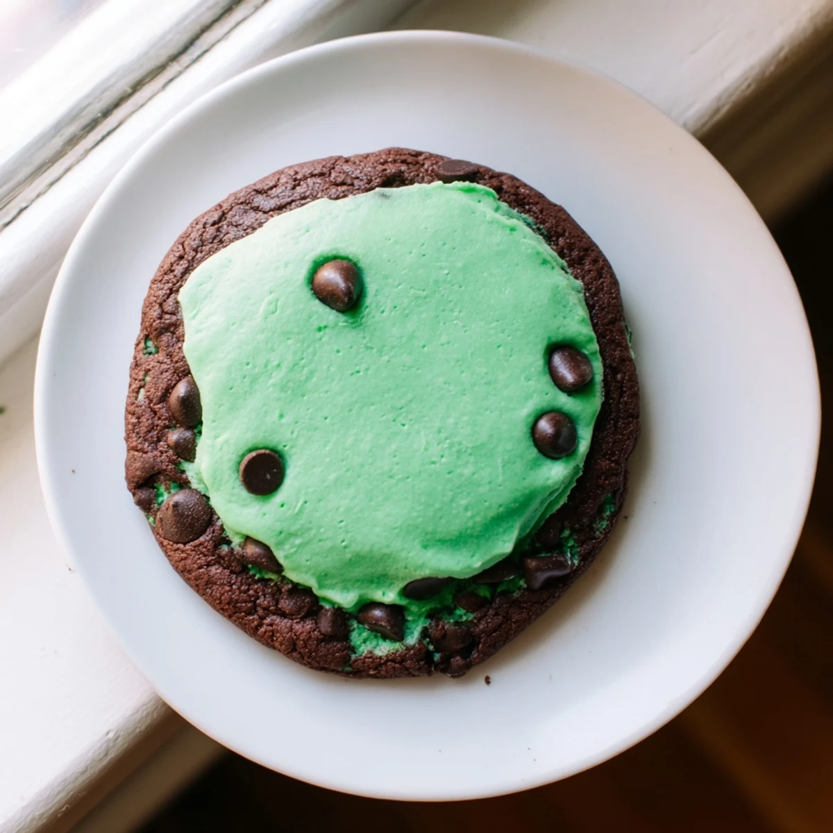 Chocolate Mint Cookies with Green Frosting arranged on a cooling rack with mint leaves and chocolate chips nearby.
