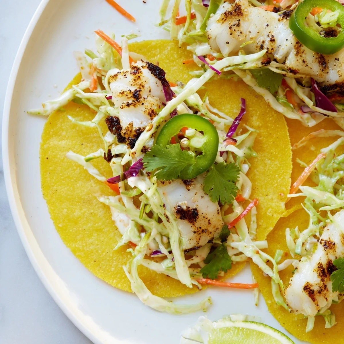 Close-up photo of Cajun Spiced Fish Tacos with Slaw in soft corn tortillas topped with fresh lime wedges.