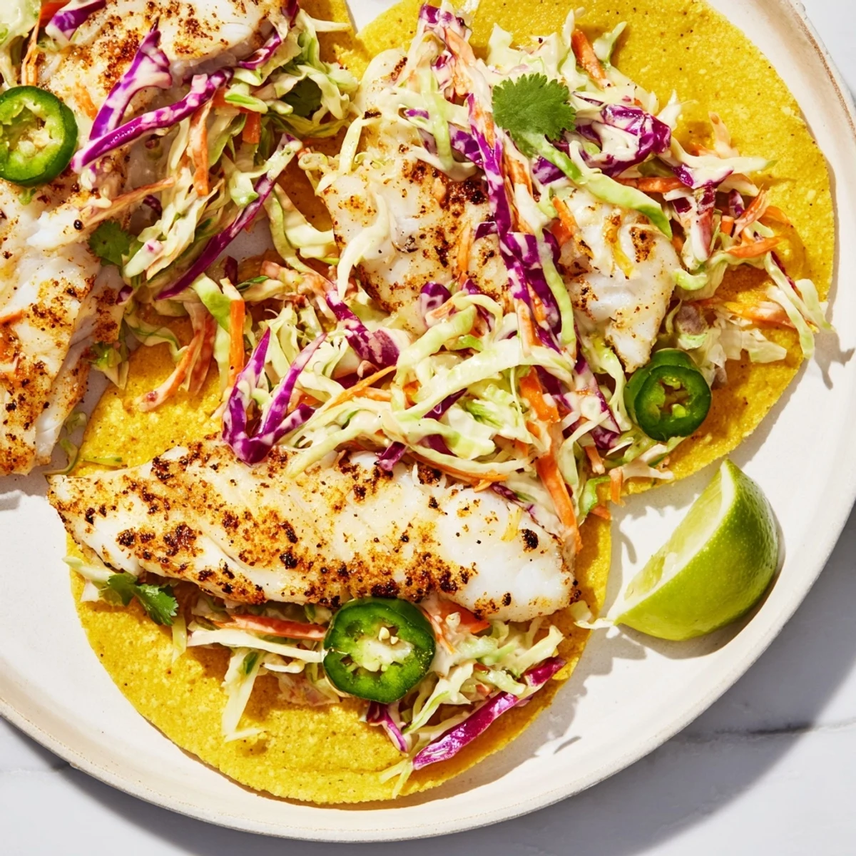 Cajun Spiced Fish Tacos with Slaw stacked on a plate with crispy cabbage slaw and cilantro garnish.