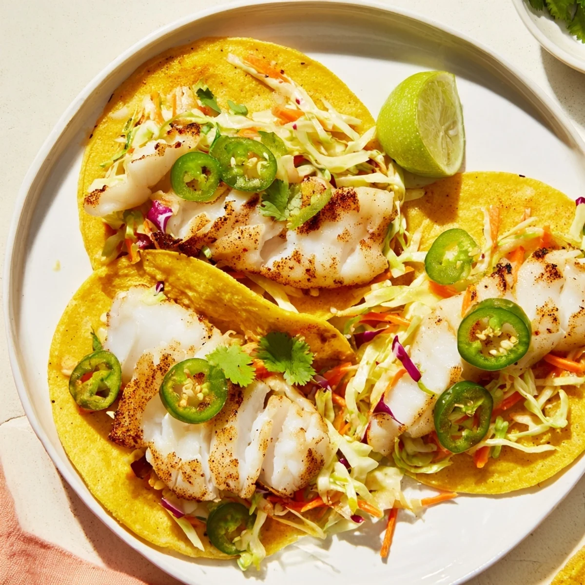 Warm Cajun Spiced Fish Tacos with Slaw served on a wooden board with jalapeños and lime wedges nearby.