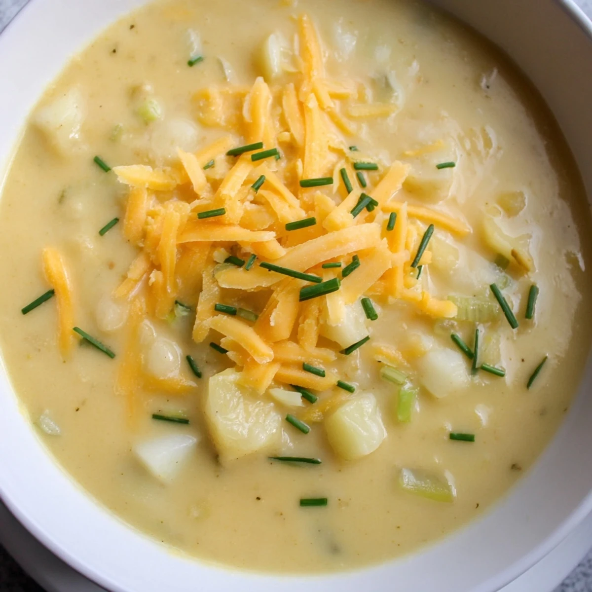 A steaming bowl of Irish Potato Leek Soup with Cheddar beside a slice of crusty bread for dipping.
