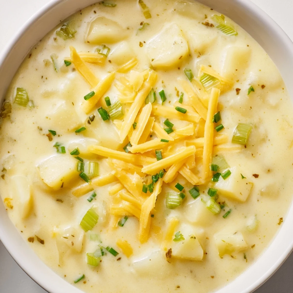 A close-up of creamy Irish Potato Leek Soup with Cheddar, garnished with fresh chives and extra melted cheese.