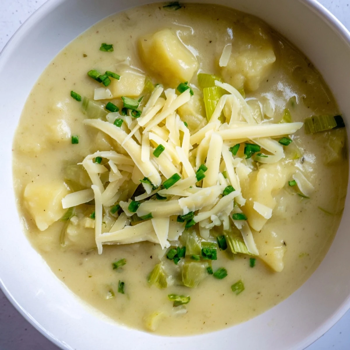 Rich Irish Potato Leek Soup with Cheddar in a rustic mug, showing its velvety texture and golden color.
