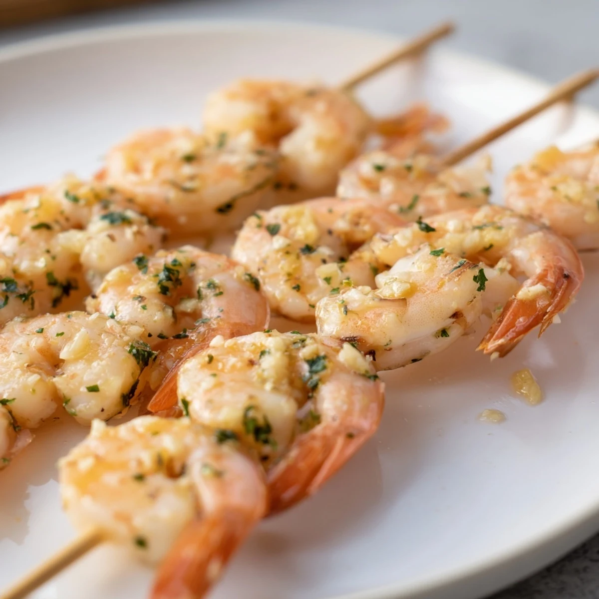 Grilled Lemon Garlic Shrimp Skewers glistening with olive oil and fresh parsley on a rustic plate.