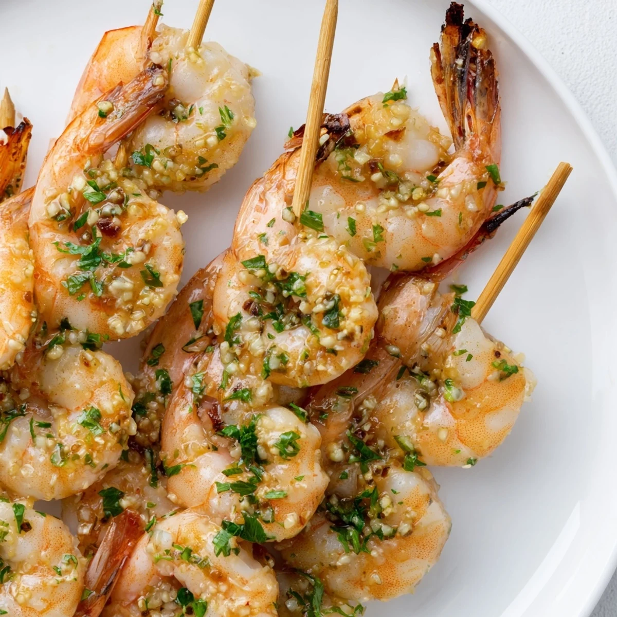 Lemon Garlic Shrimp Skewers sizzling on a grill with charred edges and lemon wedges nearby.