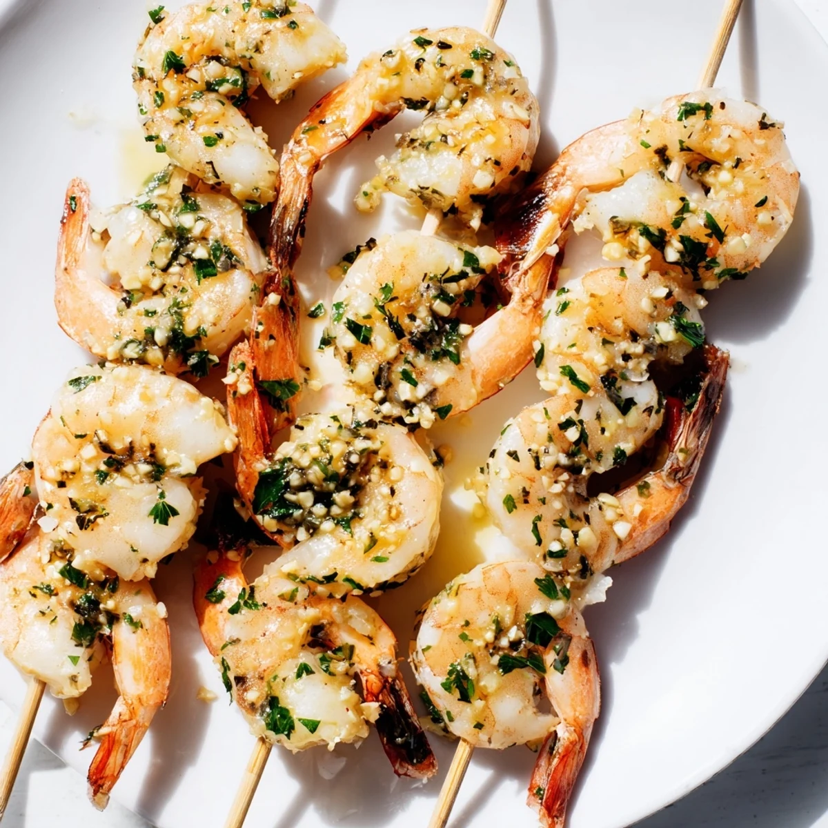 A close-up of Lemon Garlic Shrimp Skewers served over a bed of fluffy white rice.