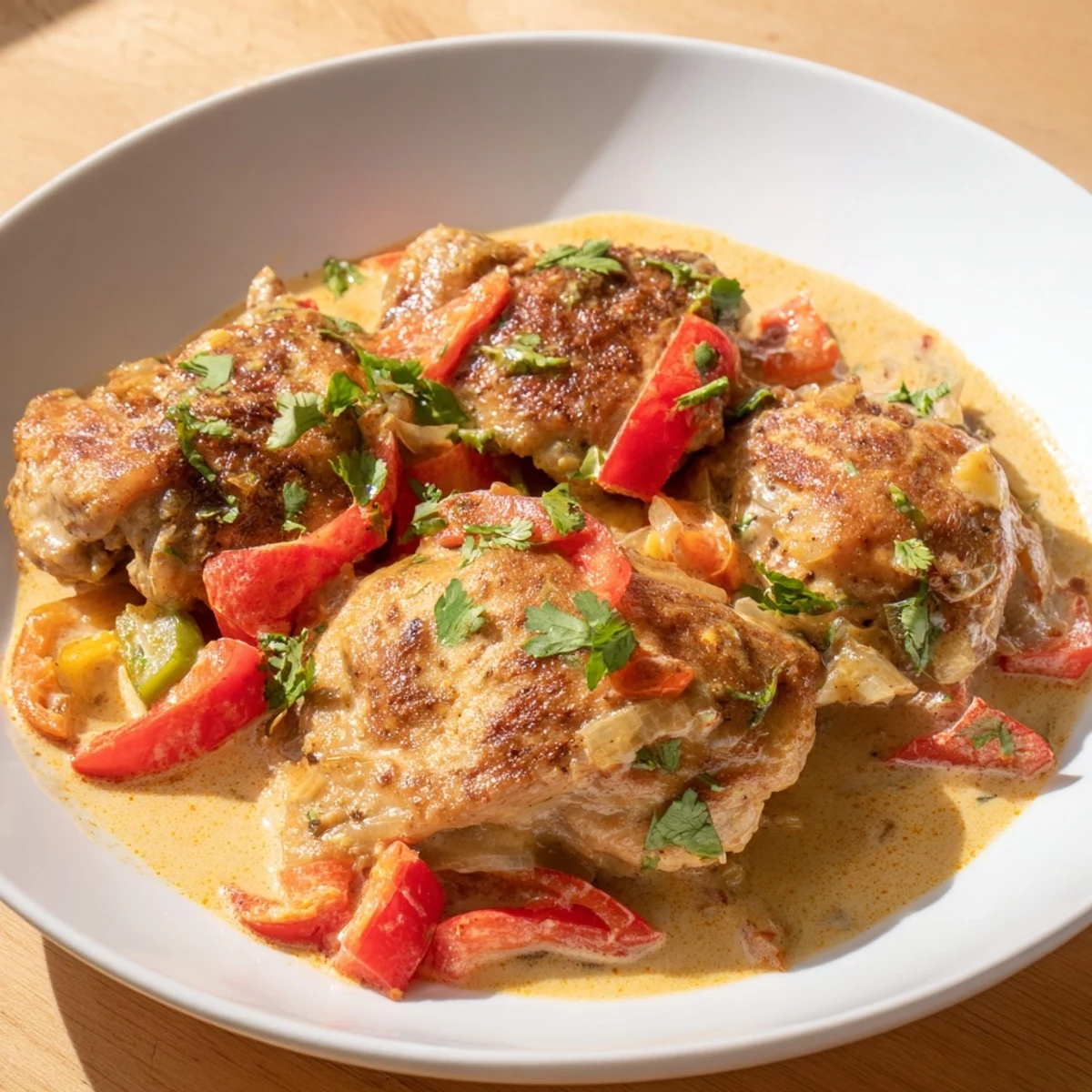 Overhead view of Brazilian Coconut Chicken simmering in a Dutch oven, with red and green bell peppers and aromatics creating a rich, savory sauce.