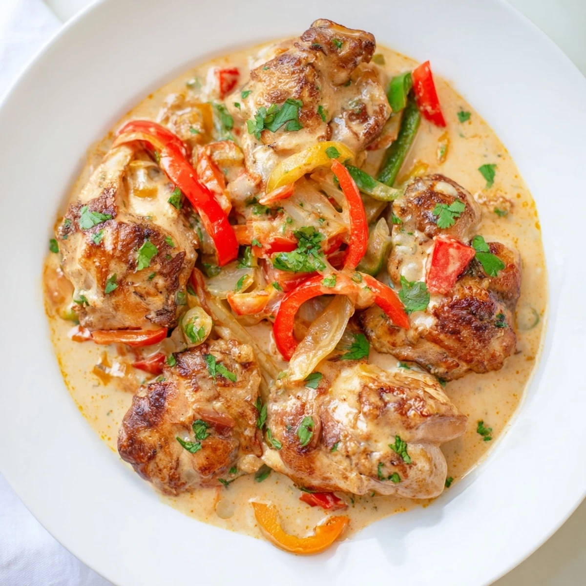Close-up of Brazilian Coconut Chicken served over fluffy white rice, highlighting succulent chicken thighs in a golden coconut milk broth.