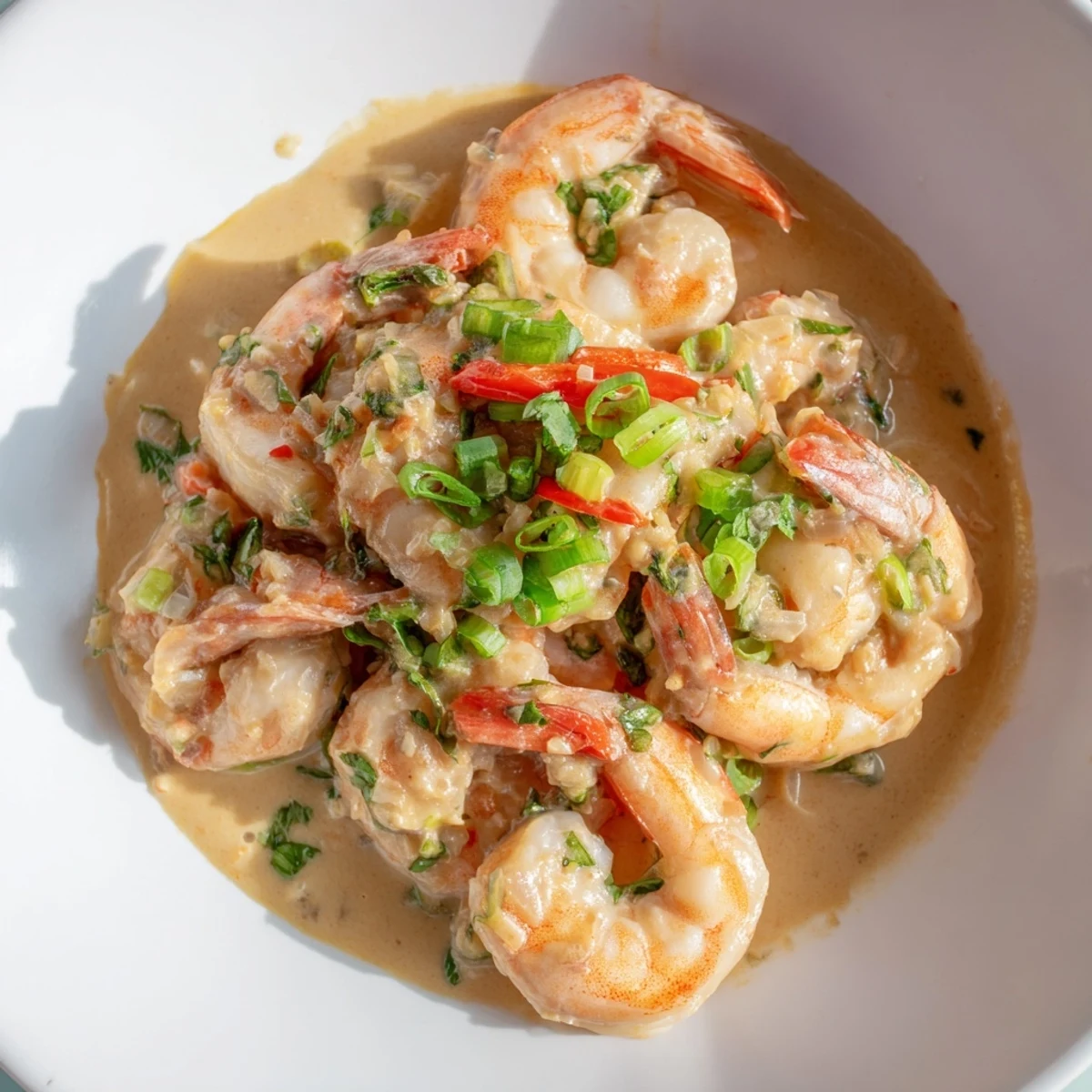 Garlic Shrimp in Coconut Milk simmering in a creamy sauce, topped with cilantro and served over fluffy rice.