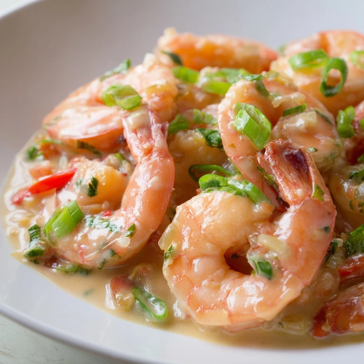 Juicy Garlic Shrimp in Coconut Milk sautéed with garlic and onion in a skillet, garnished with green onions.