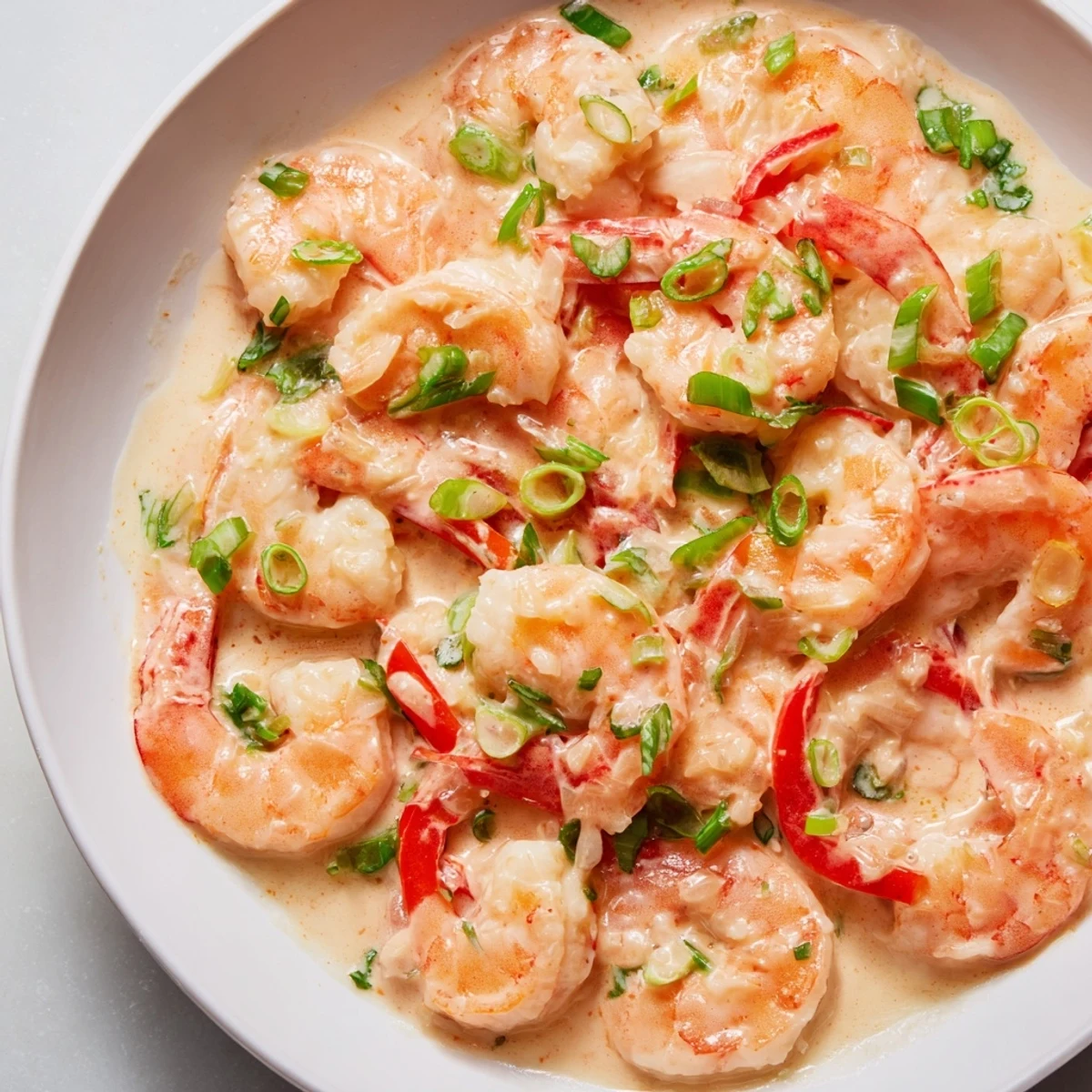 A close-up of Garlic Shrimp in Coconut Milk, featuring plump shrimp and red bell pepper in rich sauce.