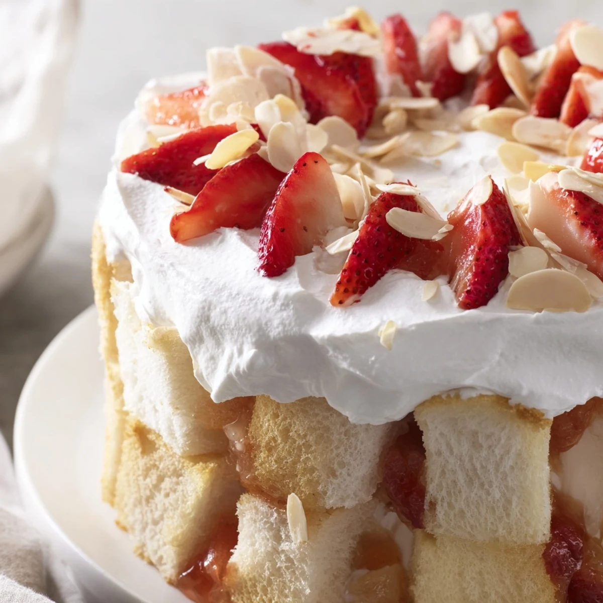 A close-up view of chilled Heaven on Earth Cake served on a dessert plate, featuring fluffy cake, ruby-red strawberries, and a cloud-like whipped topping.