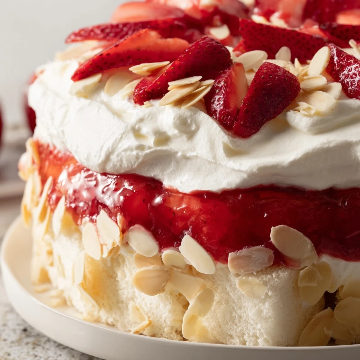 Fresh layers of angel food cake and strawberry filling in a clear trifle dish, showcasing the creamy vanilla pudding topping for the Heaven on Earth Cake.