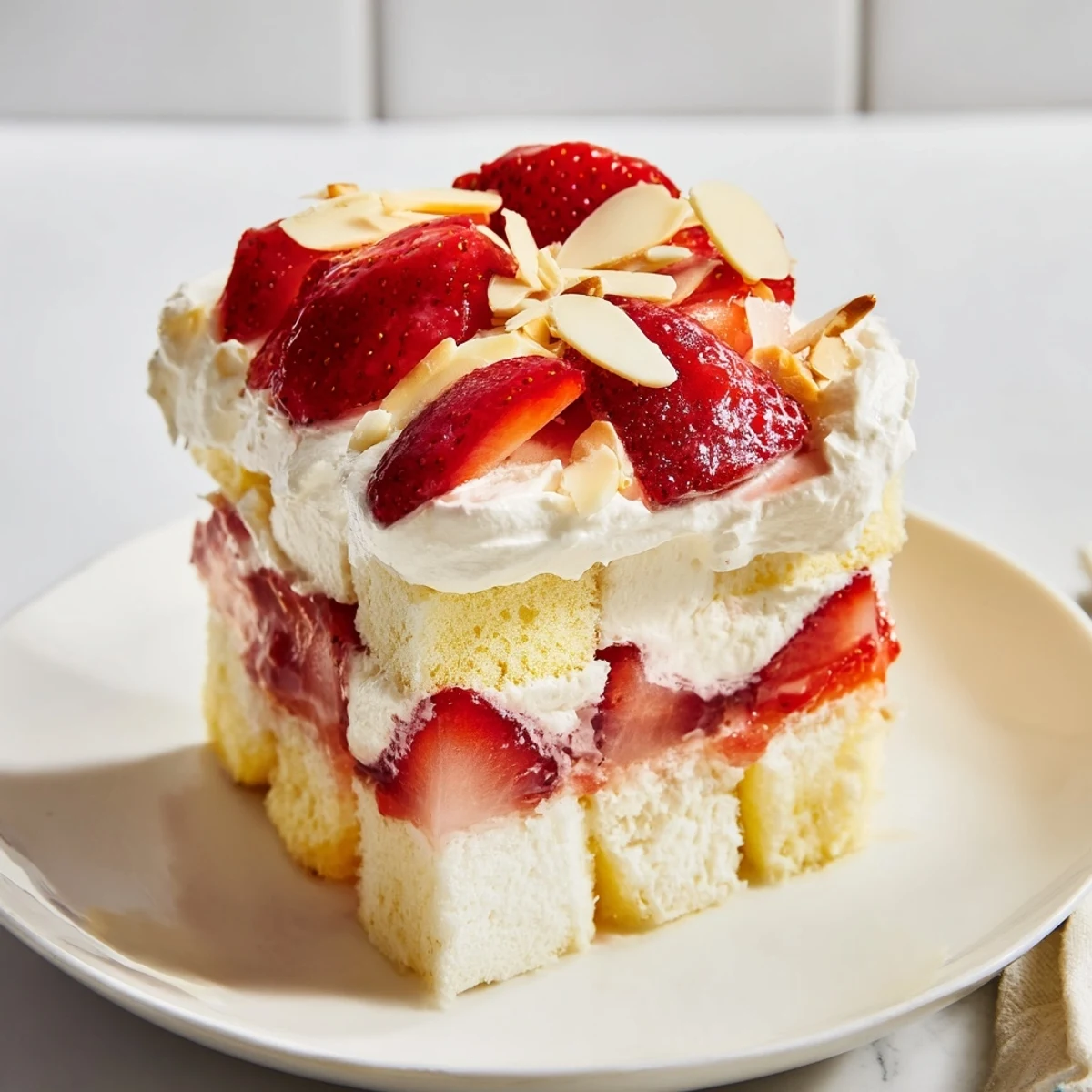 Perfect summer dessert: layered Heaven on Earth Cake with bright strawberry filling and velvety vanilla pudding, ready for a backyard gathering.