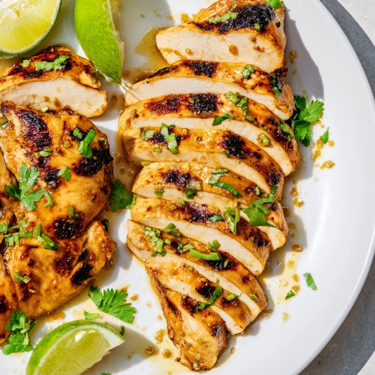 Golden grilled Spicy Honey Lime Chicken slices fanned out, served over steamed rice and vibrant roasted veggies.